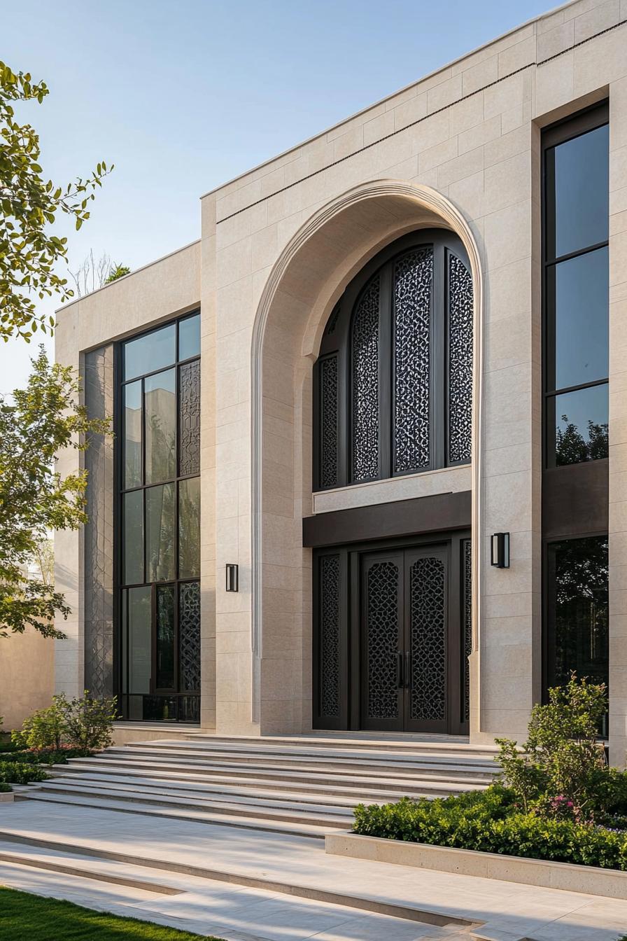 Contemporary house with large arched doorway and sleek windows