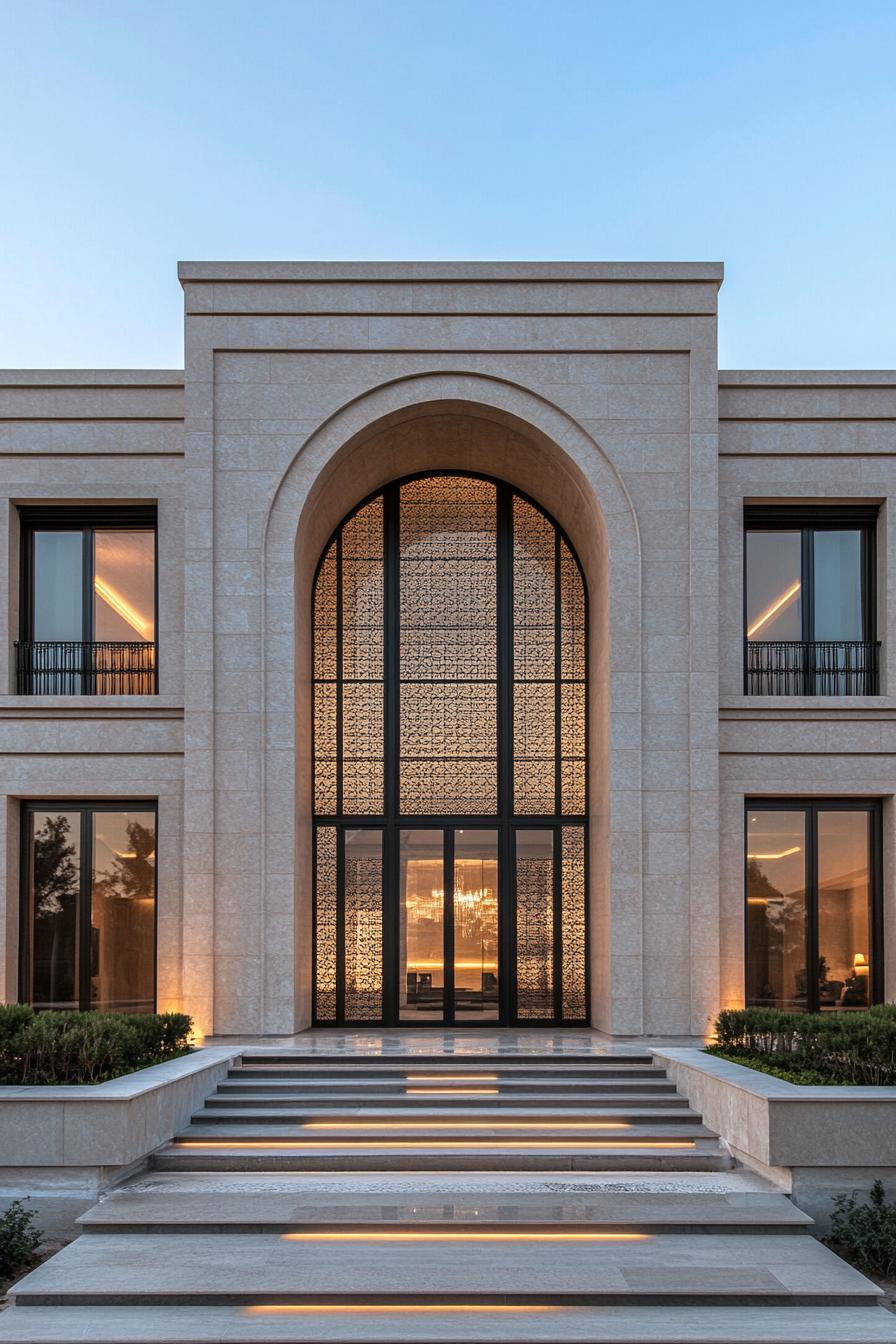 Grand entrance with arched window illuminated from inside