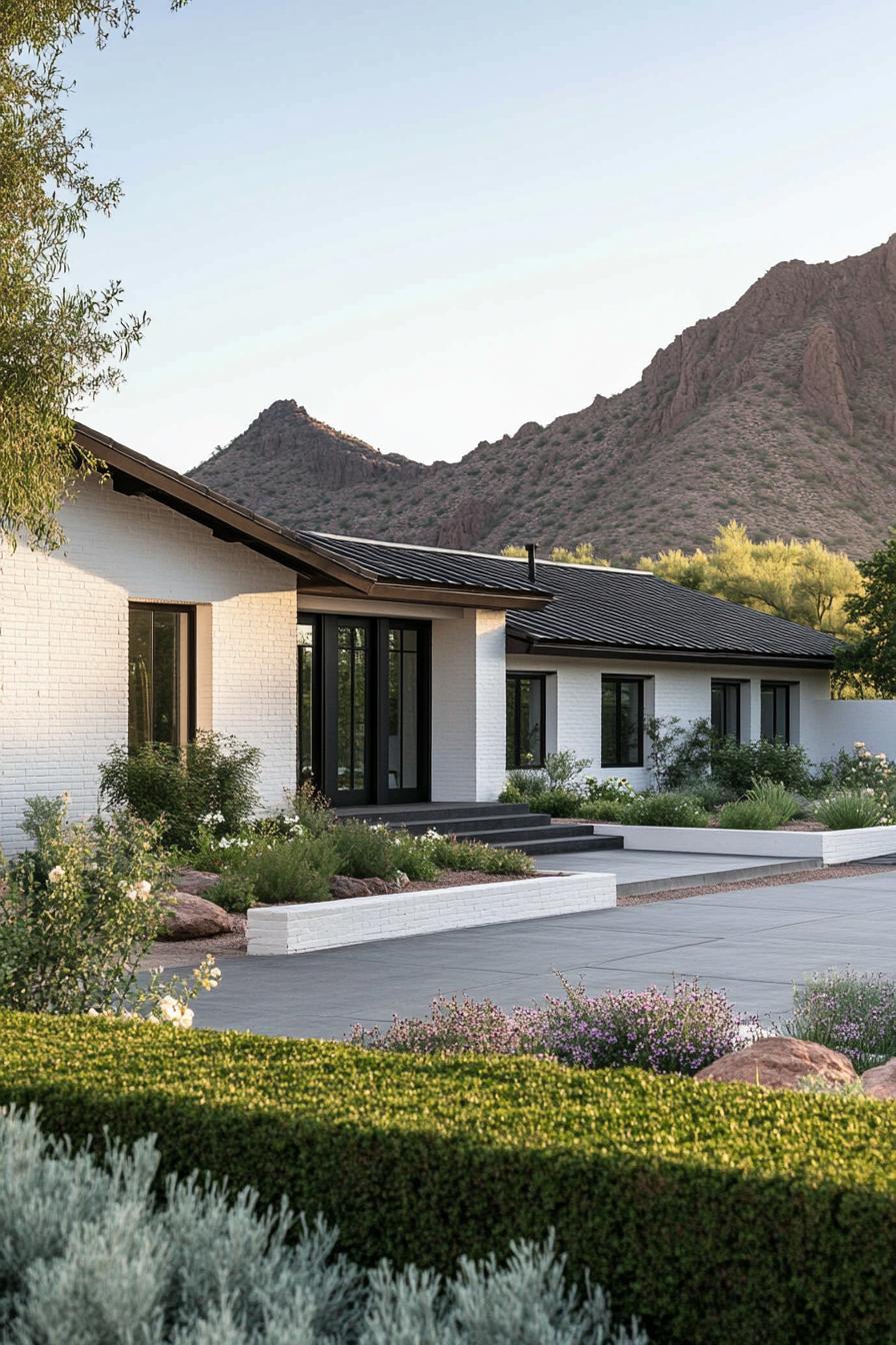 Modern white house with desert mountains backdrop