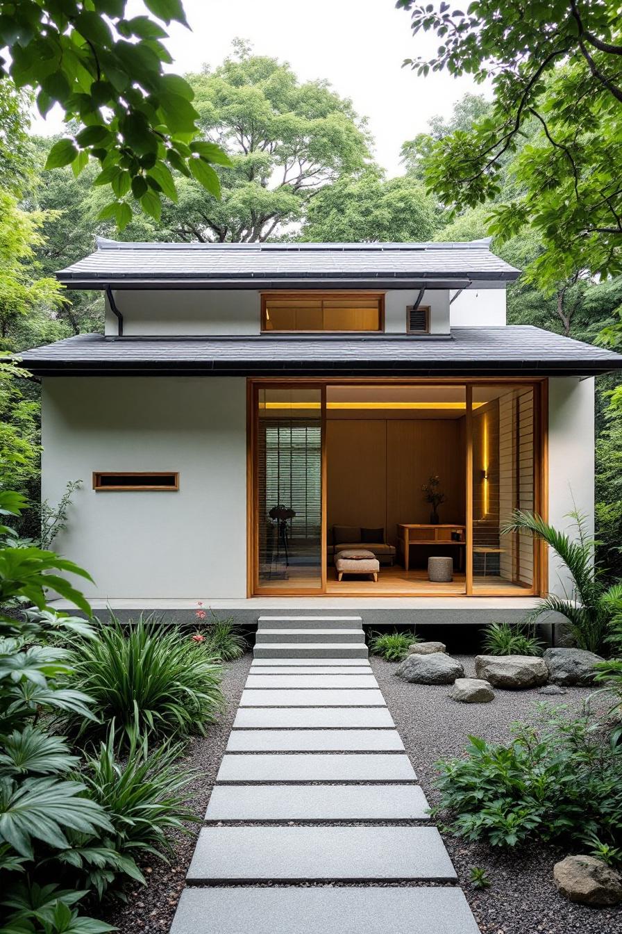 Modern minimalist house surrounded by lush plants