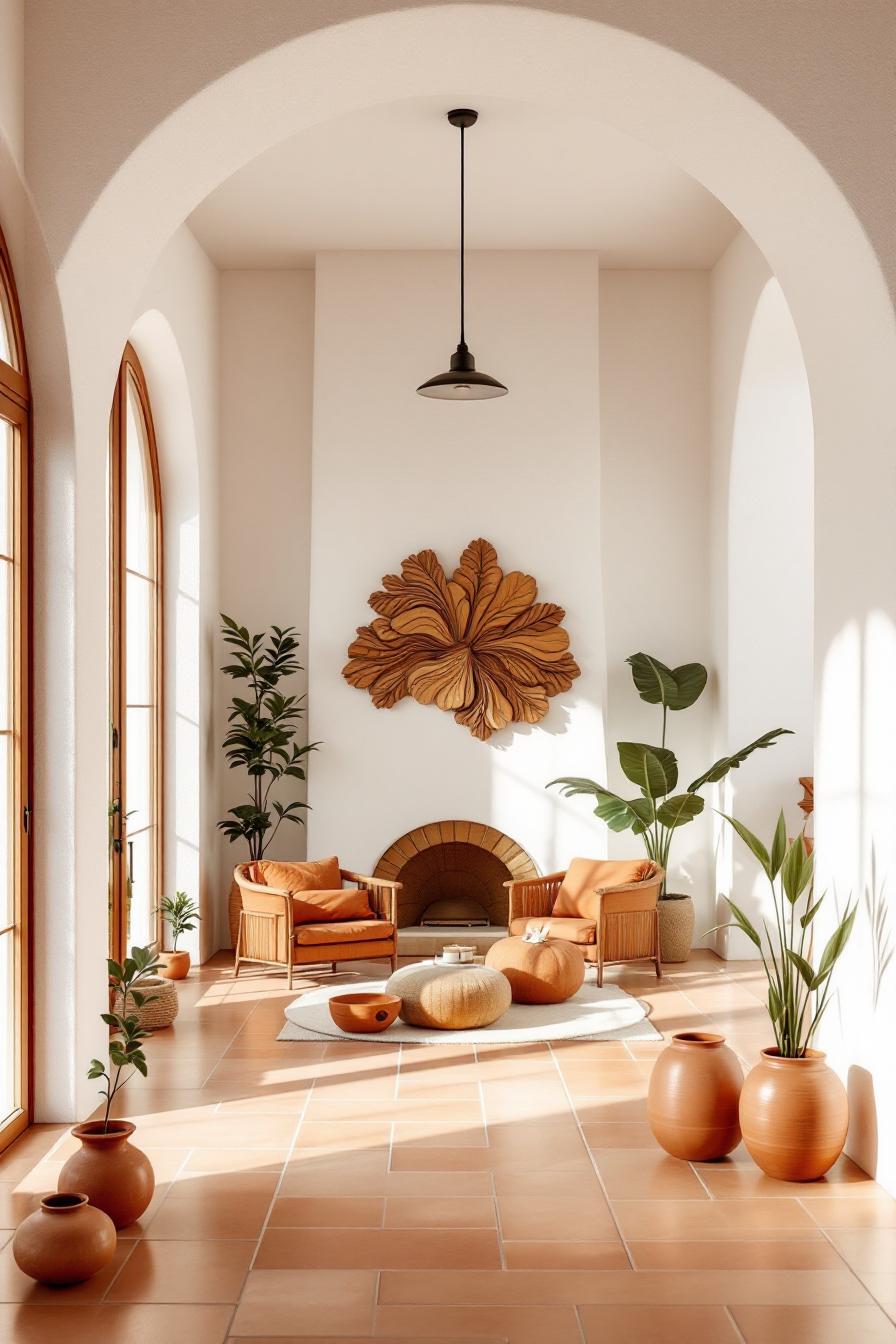 Bright living room with terracotta tiles and wooden art