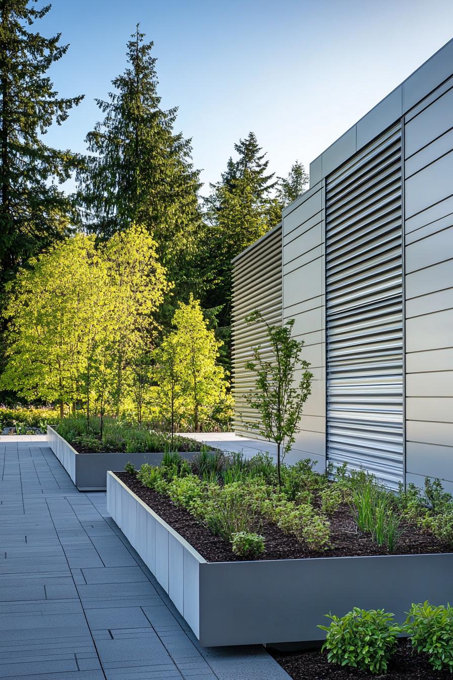 Metallic facade with lush green planters