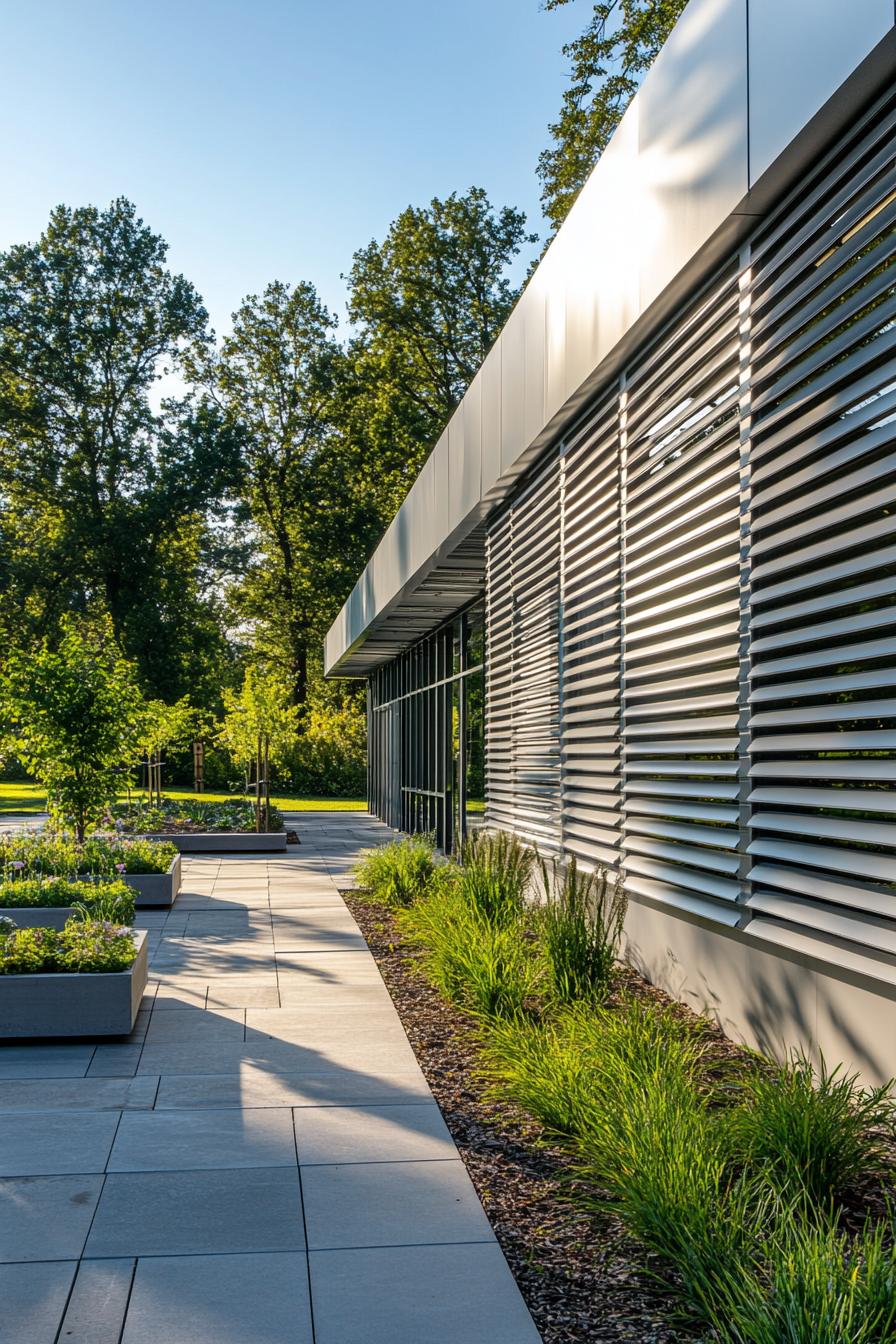 Modern facade with metal slats and verdant landscaping