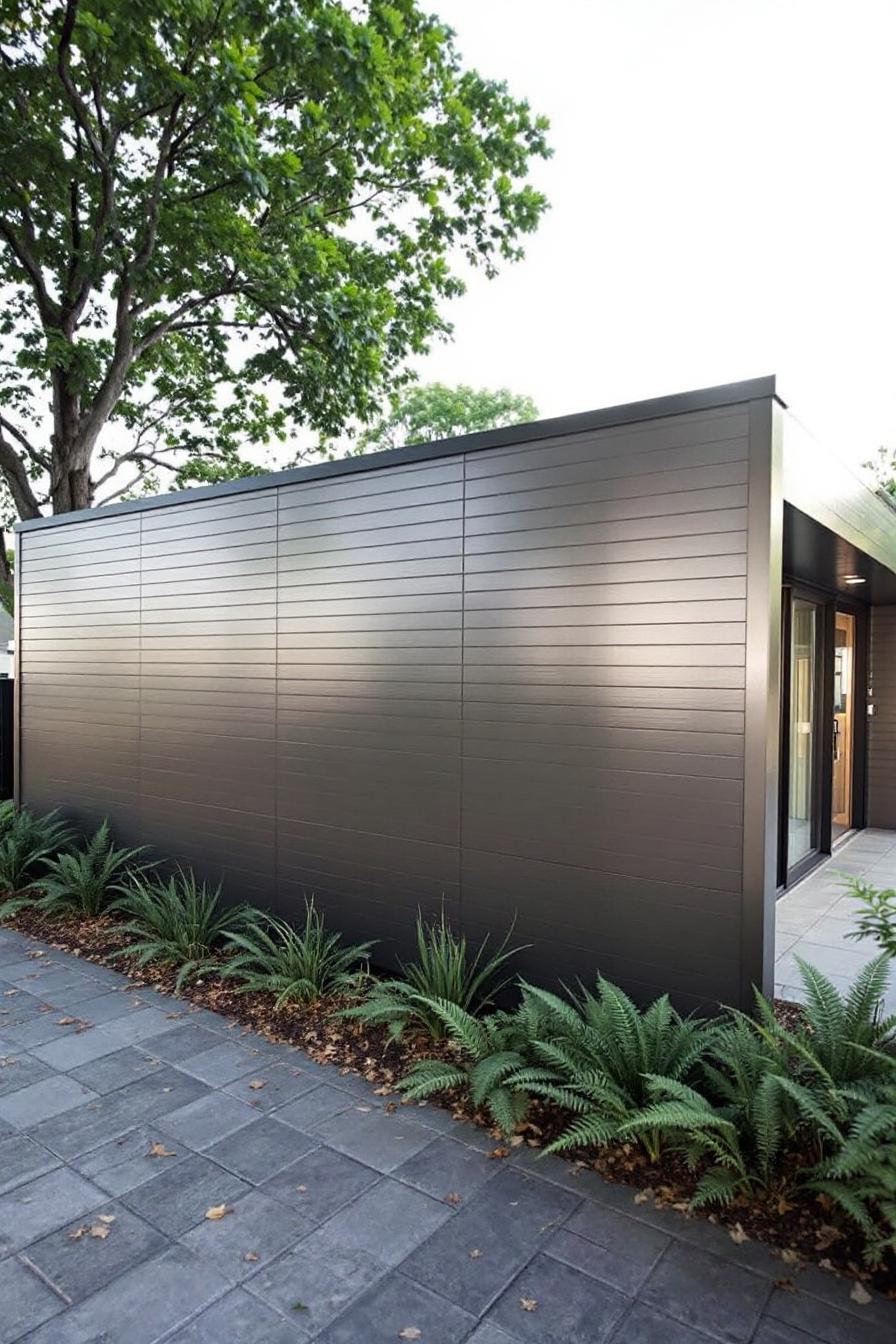 Minimalist modern facade with cladding and greenery