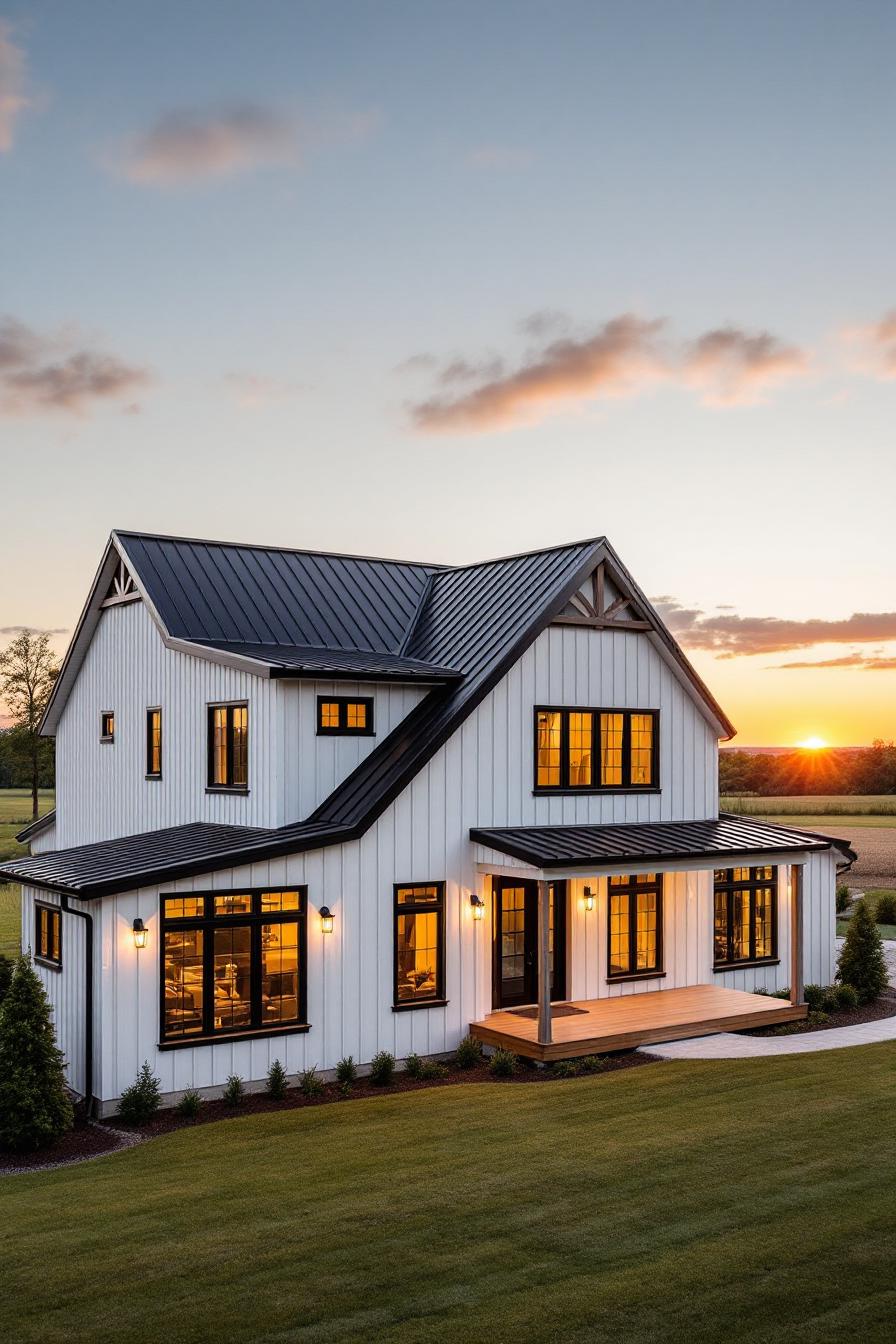 Charming farmhouse at sunset with warm lights