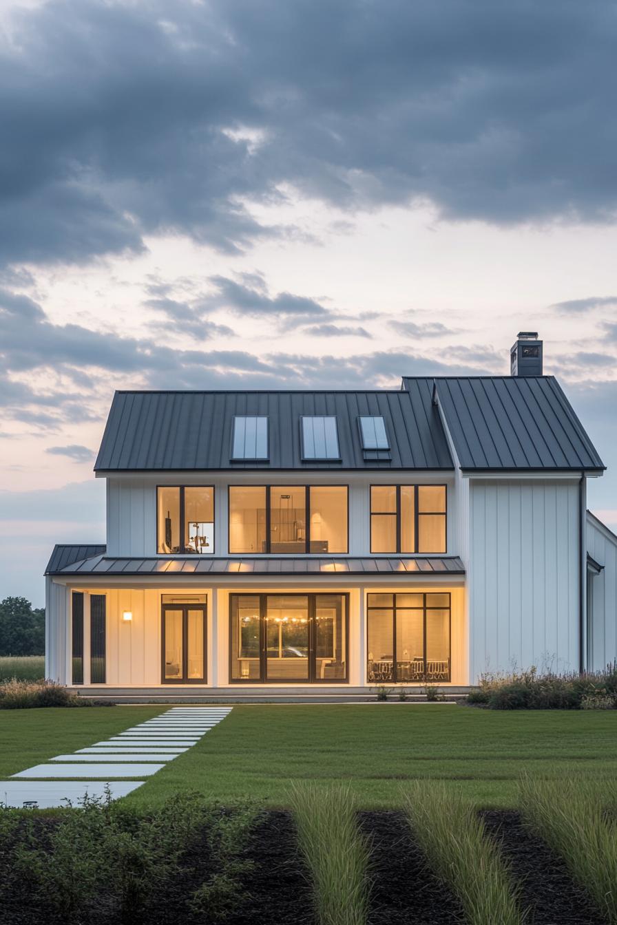 Modern farmhouse illuminated at dusk with large windows and a sleek roof