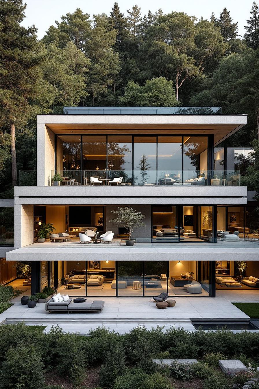 Modern house with glass walls amidst lush trees