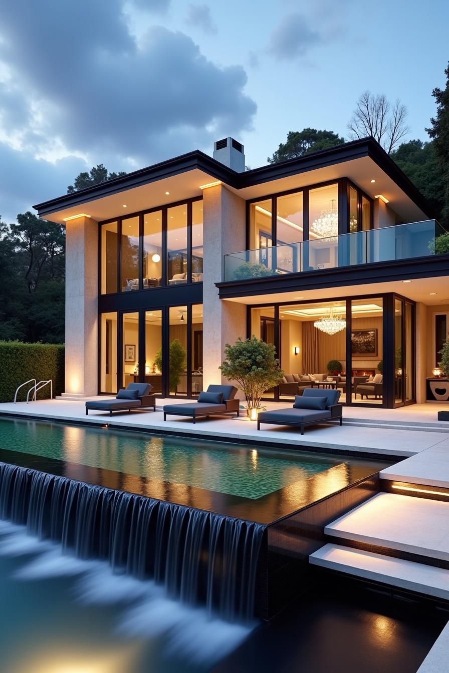 Modern house with floor-to-ceiling windows and waterfall pool