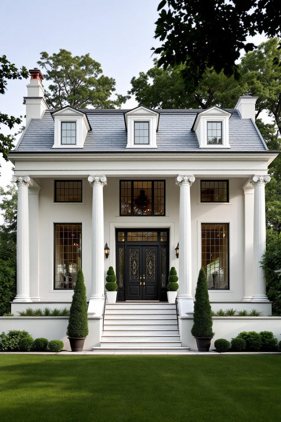 Elegant neoclassical house with columns and topiaries