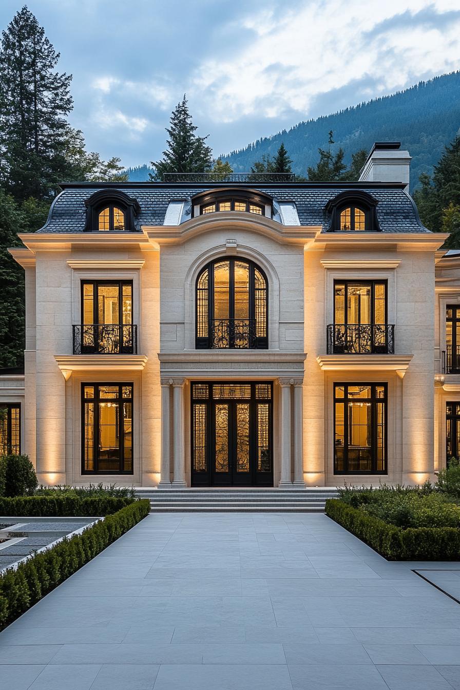 Lit Up Neoclassical House in Nature