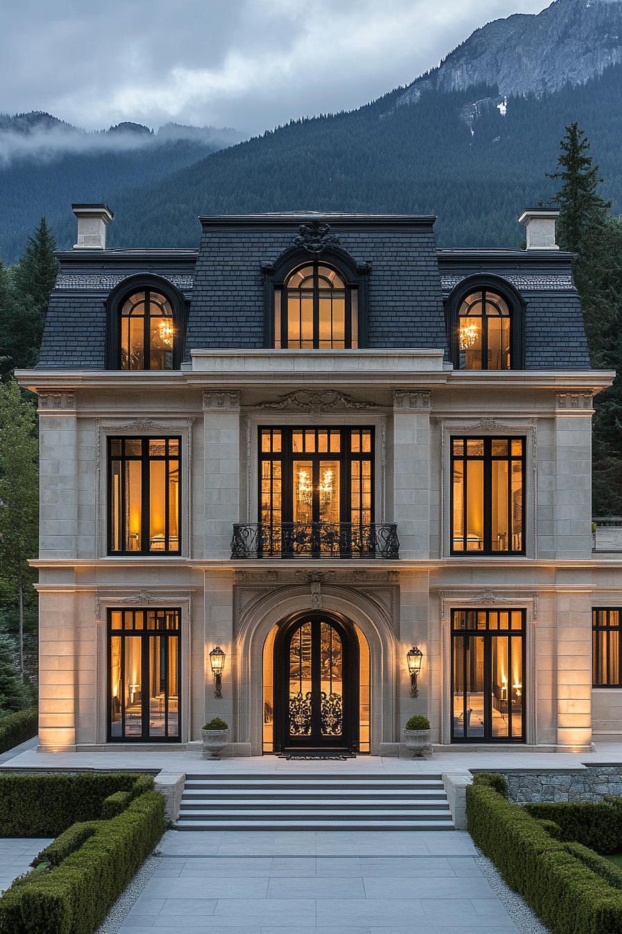 Grand neoclassical house with glowing windows and mountain backdrop