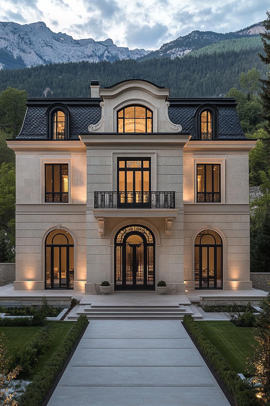 Grand neoclassical house against a mountainous backdrop