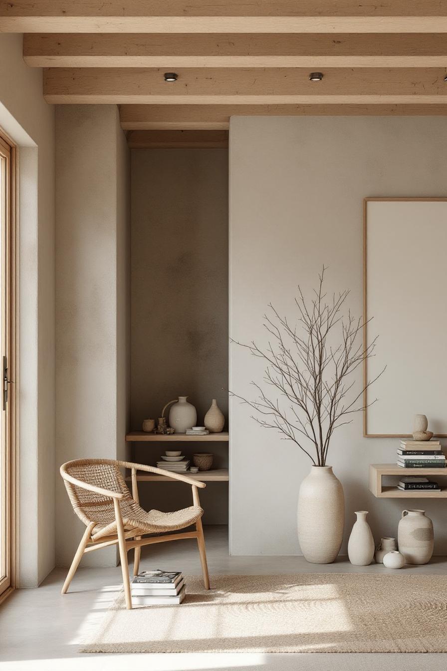 Minimalist room with natural textures and earthy tones