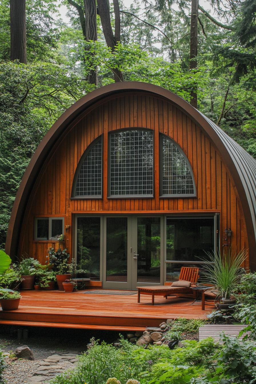 Quaint wooden Quonset hut surrounded by greenery