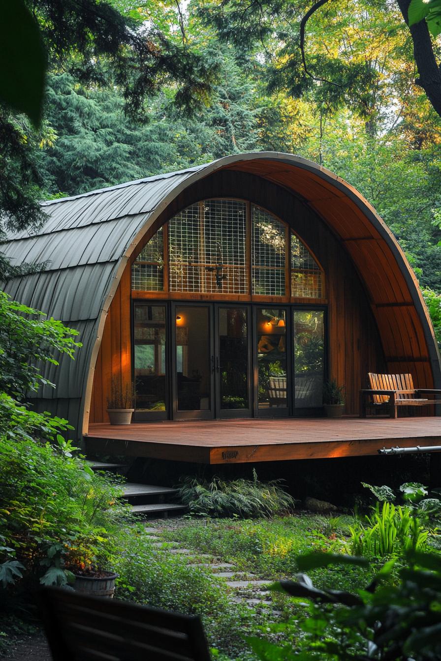 Quonset hut with a wooden deck in a lush forest setting