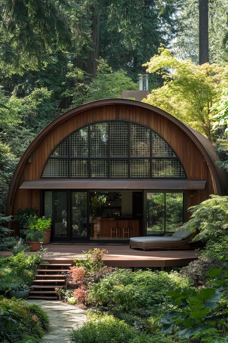 Arched hut nestled among lush greenery