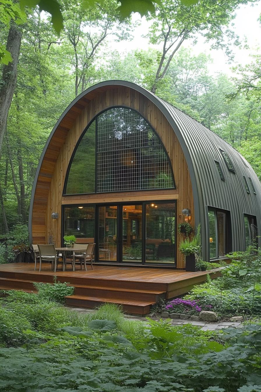 Quonset hut nestled in a lush green forest