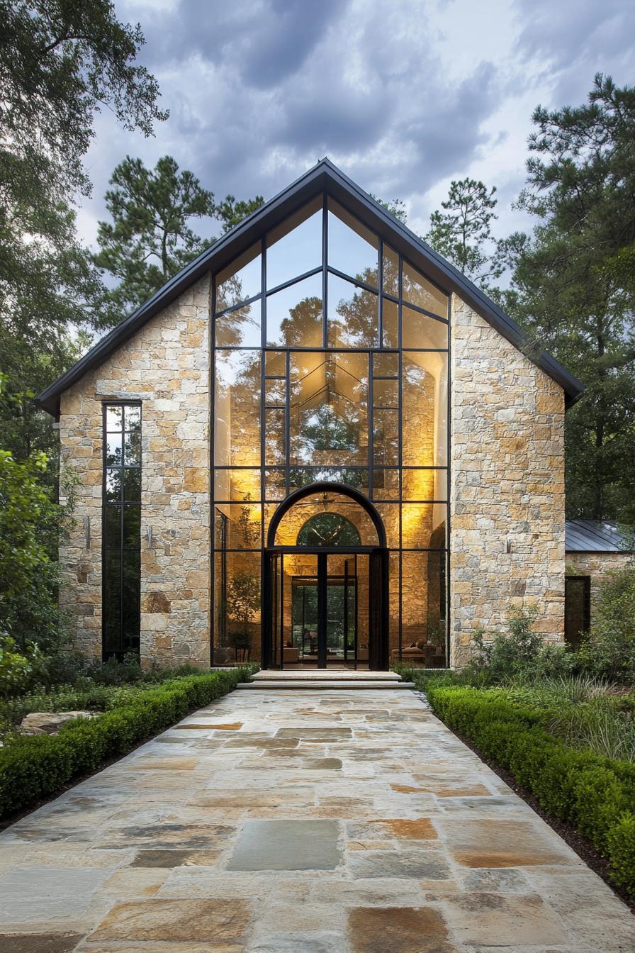 Rustic stone house with large glass entrance