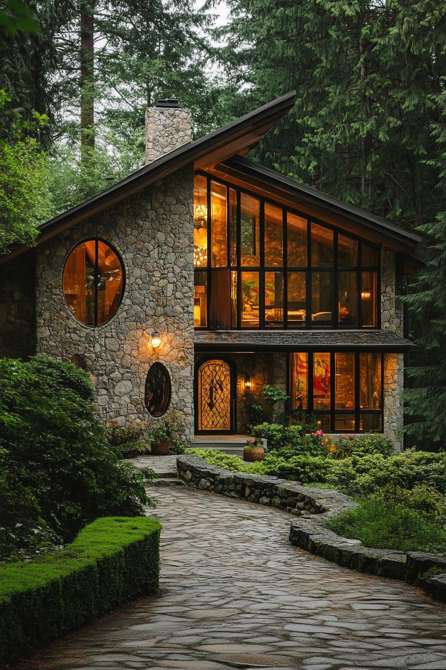 Stone house with large glass windows nestled in the forest