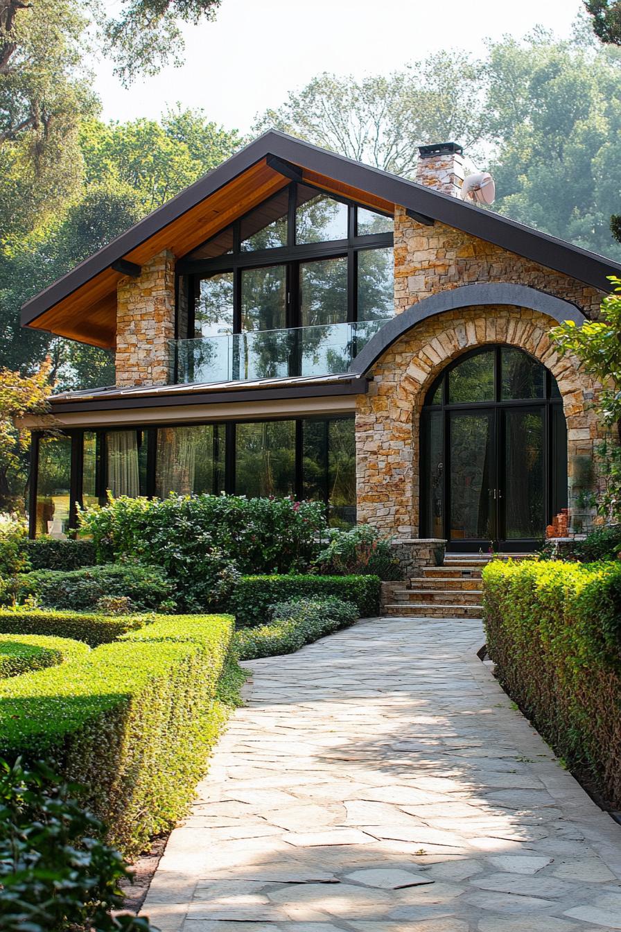 Stone house with large windows framed by lush greenery