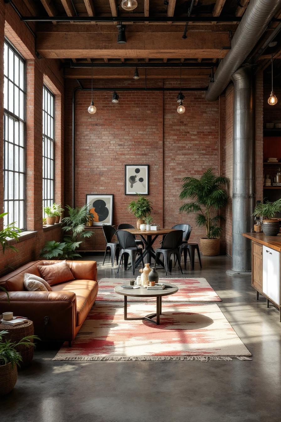 Industrial-style loft with brick walls and eclectic decor