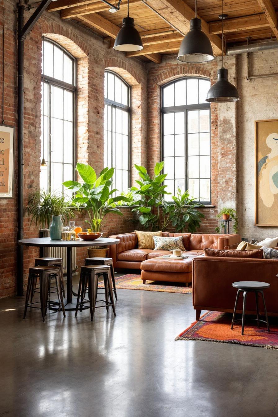 Sunny loft with brick walls, leather sofas, and plants