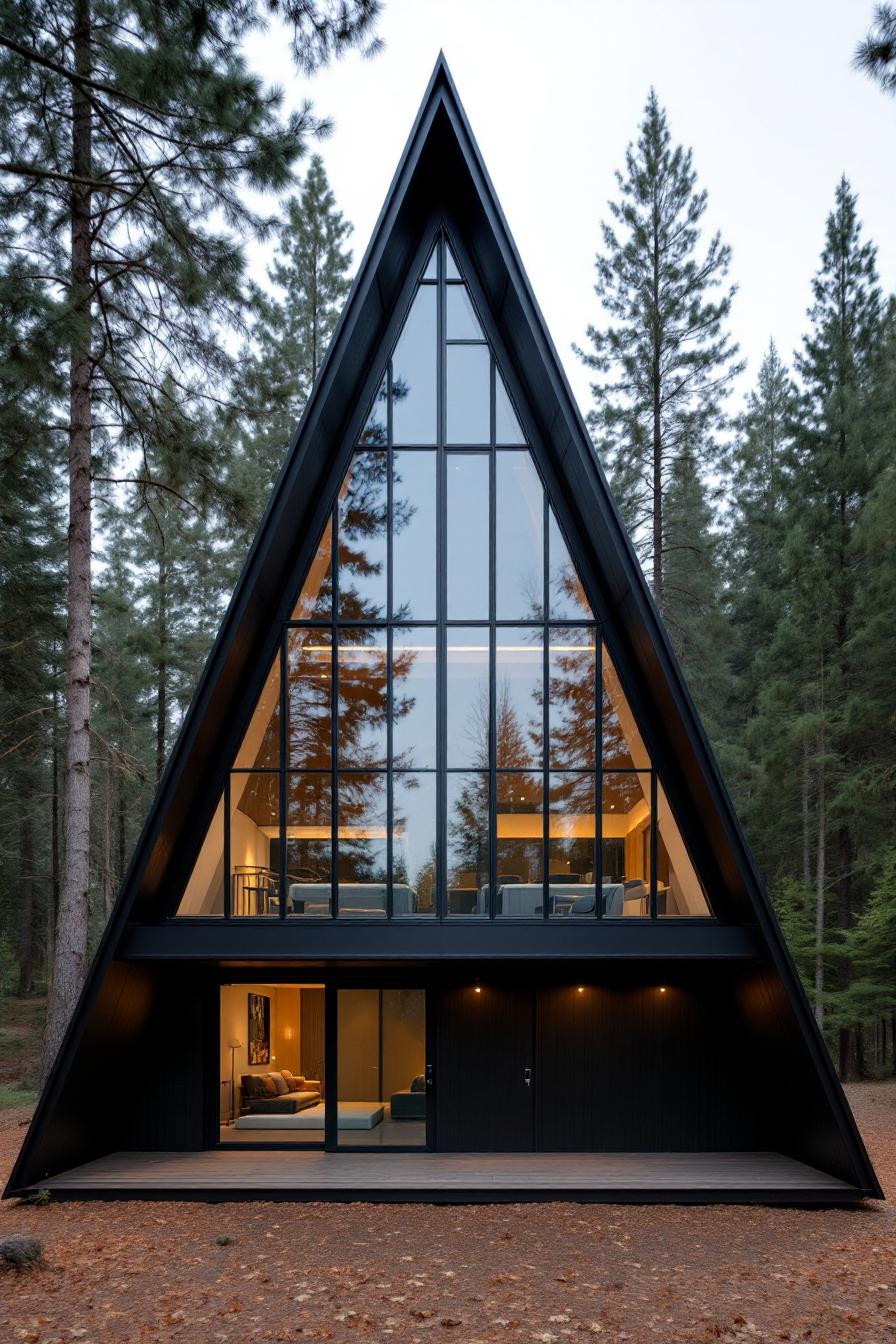 A beautiful A-frame house nestled among towering pine trees