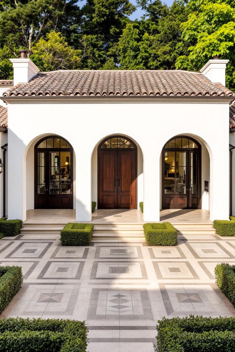 Elegant villa entrance with arched doorways and tiled walkway