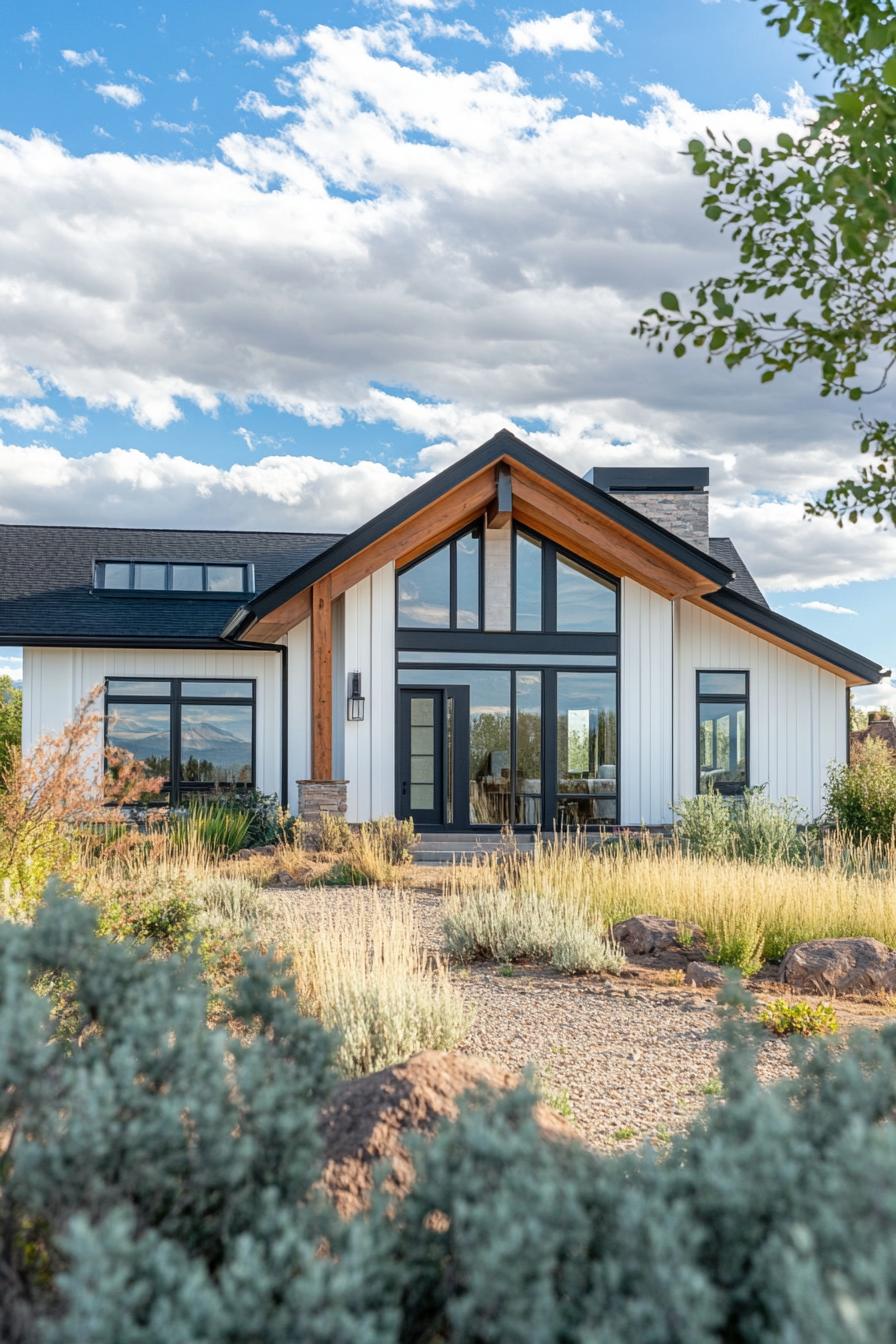 Modern ranch house with sloped roof and large front windows