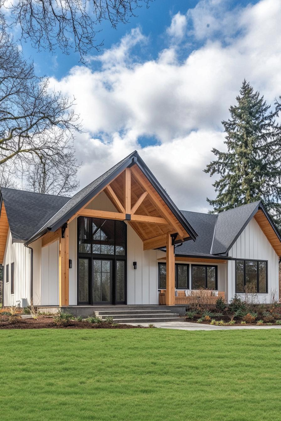 Ranch house with tall gabled roof and lush lawn