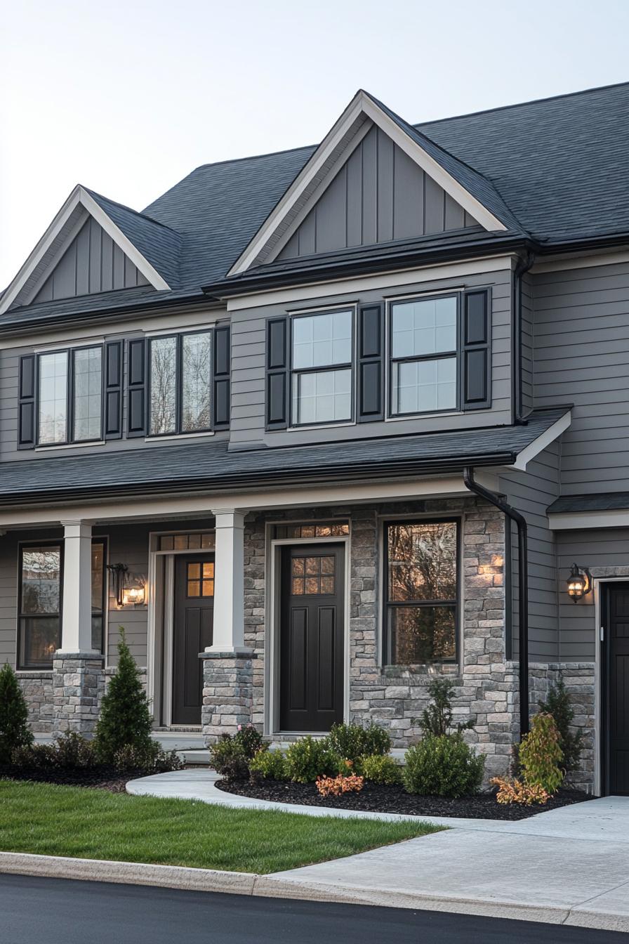 Gray townhouse with stone accents and charming curb appeal