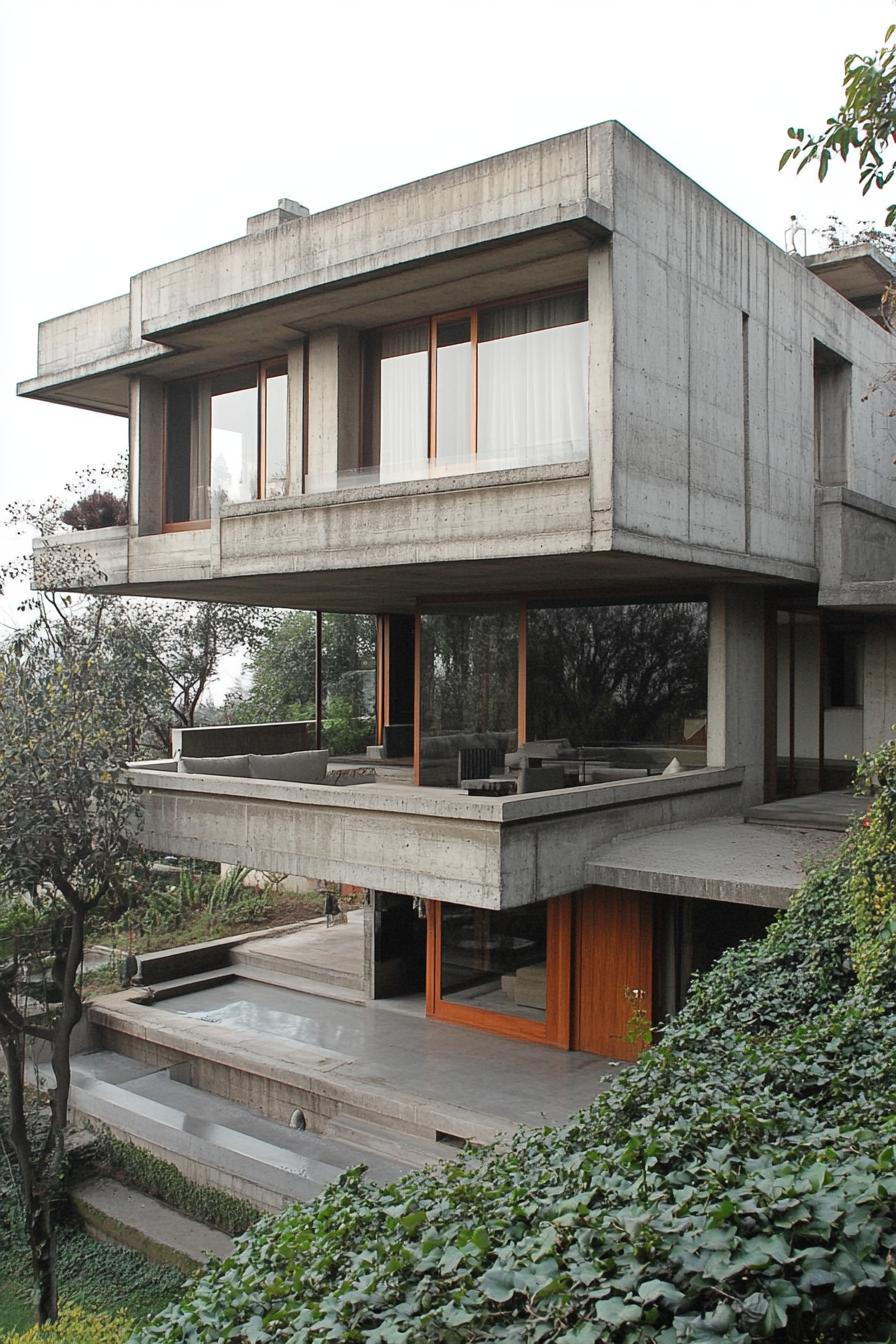 A modern concrete house with large windows and layered balconies