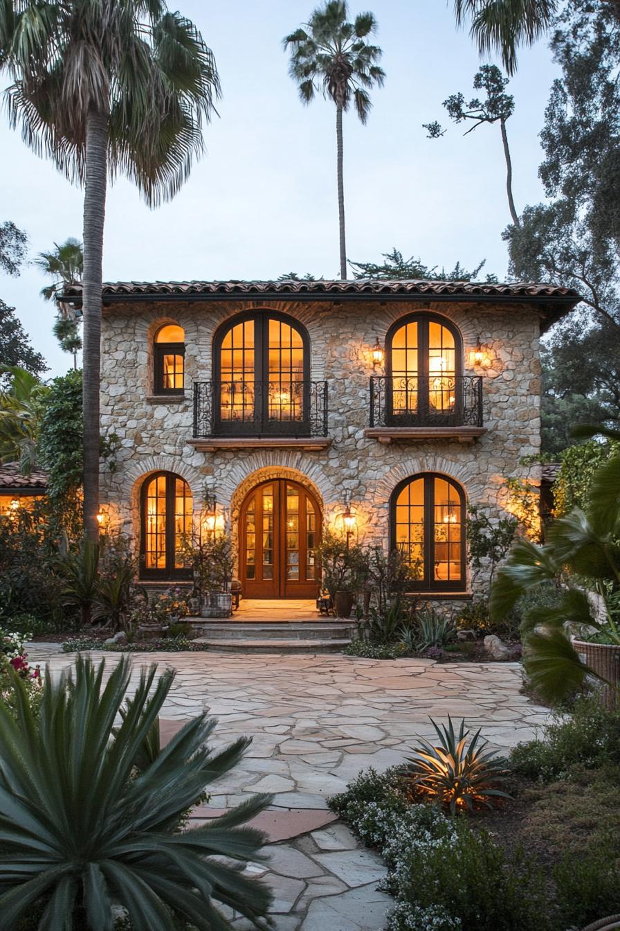 A charming stone house with glowing windows and arched doorways