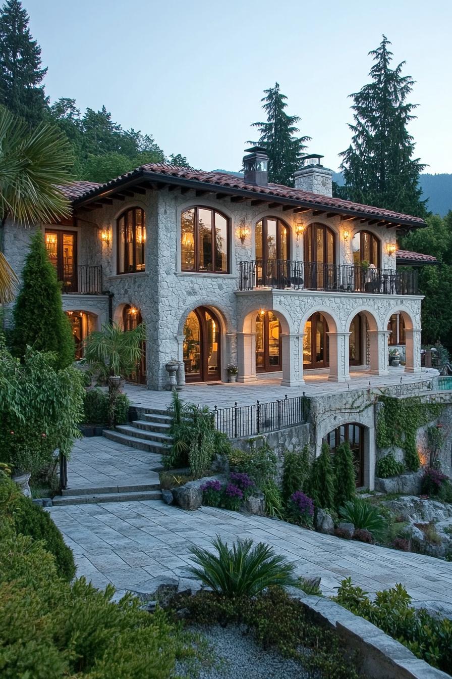 Stone villa with arches and greenery