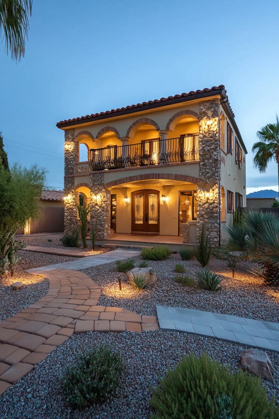 Two-story Tuscan house with stone facade and elegant arches, lit warmly at dusk