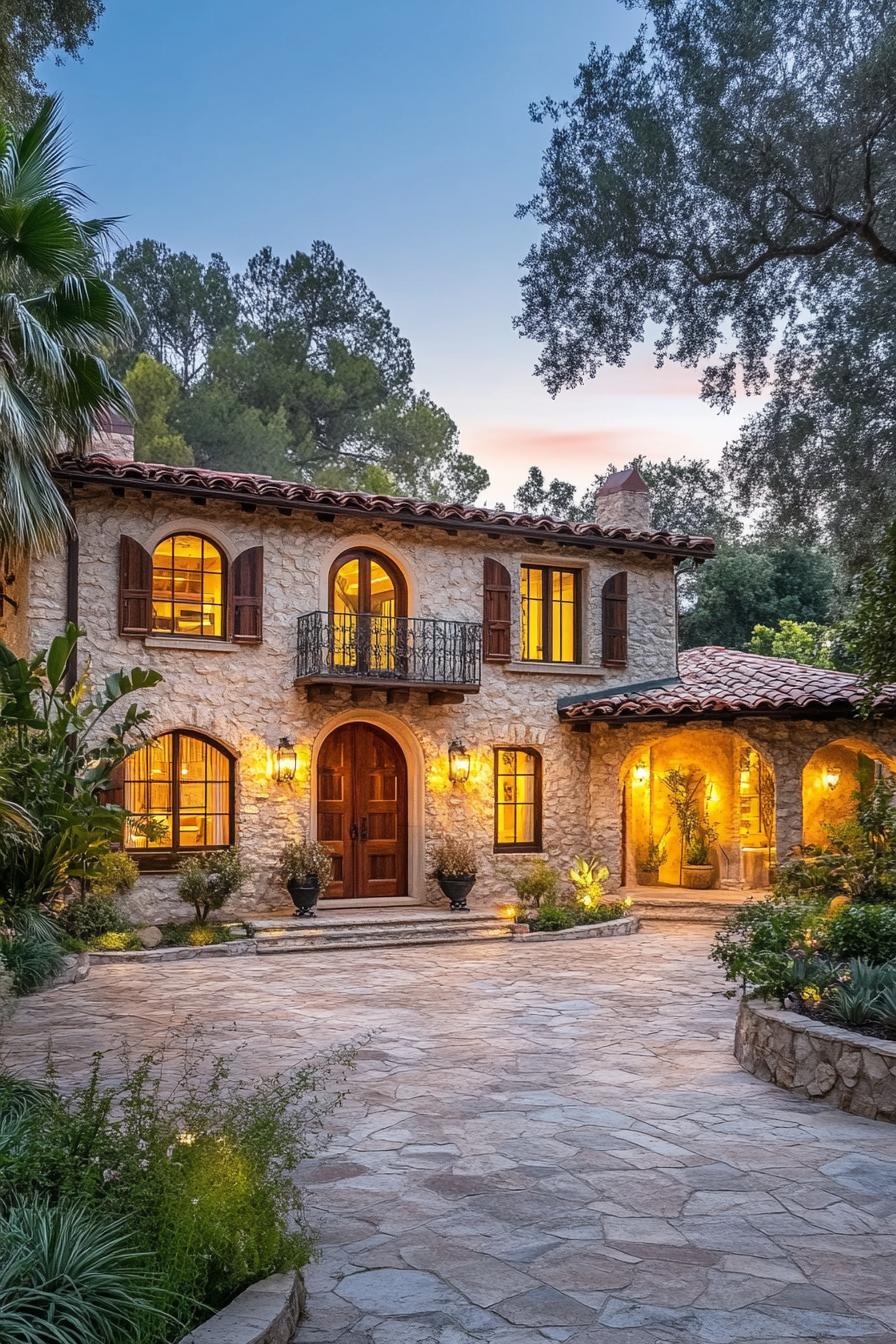 Charming stone house with a terracotta roof and welcoming lights