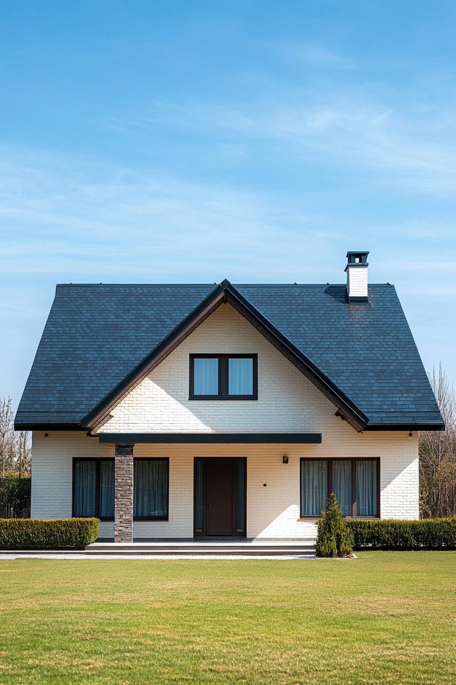 White brick house with dark roof and chimney