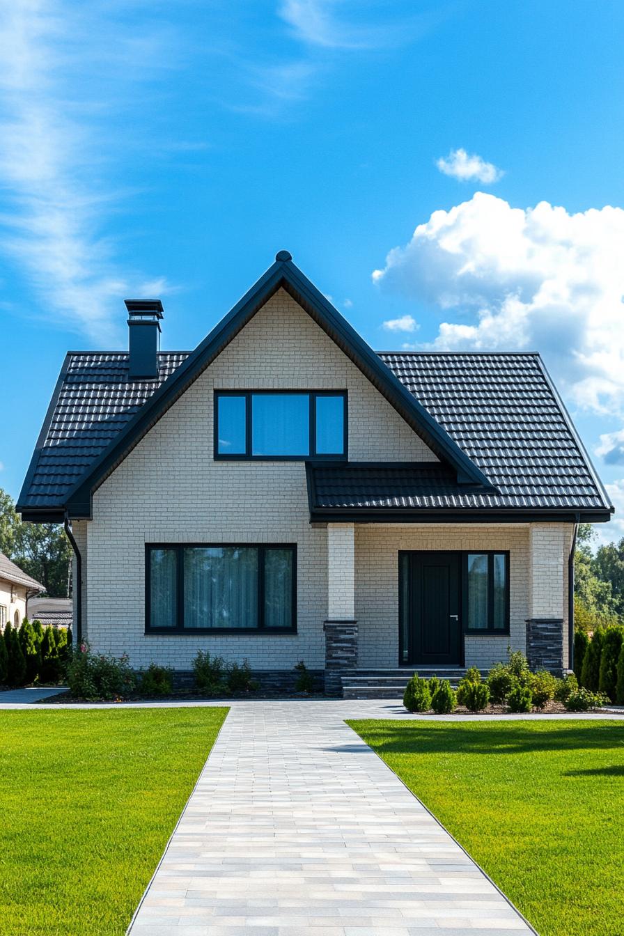 Brick house with dark roof and manicured lawn