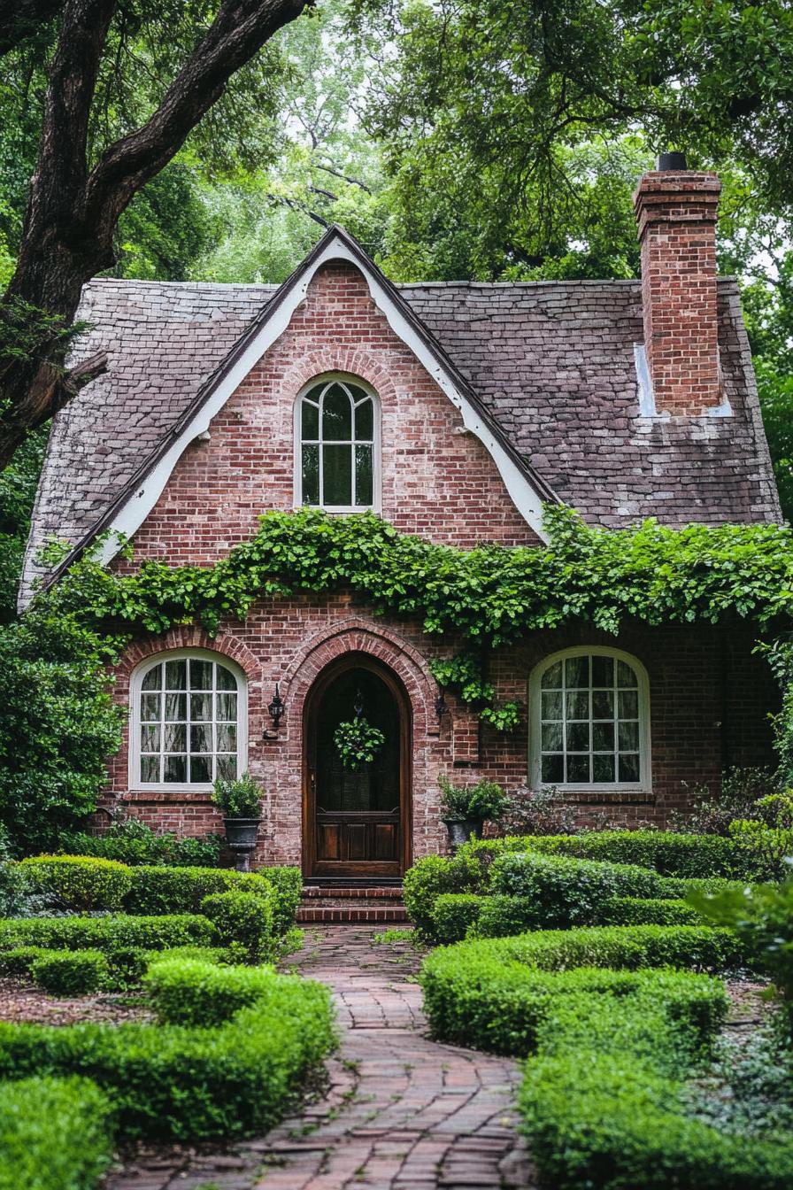 Red brick cottage with steep roof and ivy