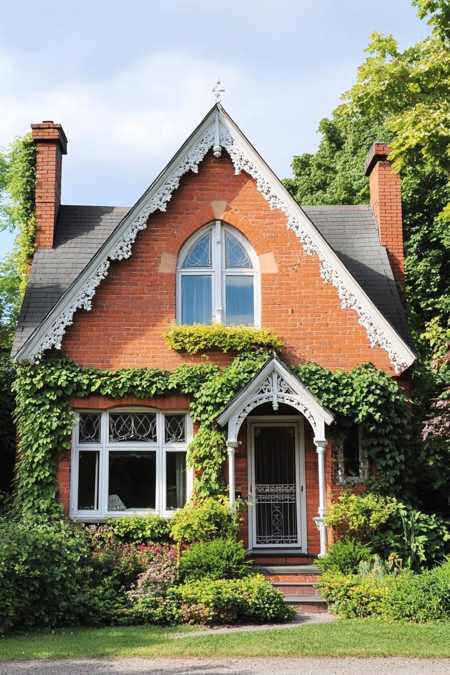 Quaint brick house with ornate gables and lush greenery