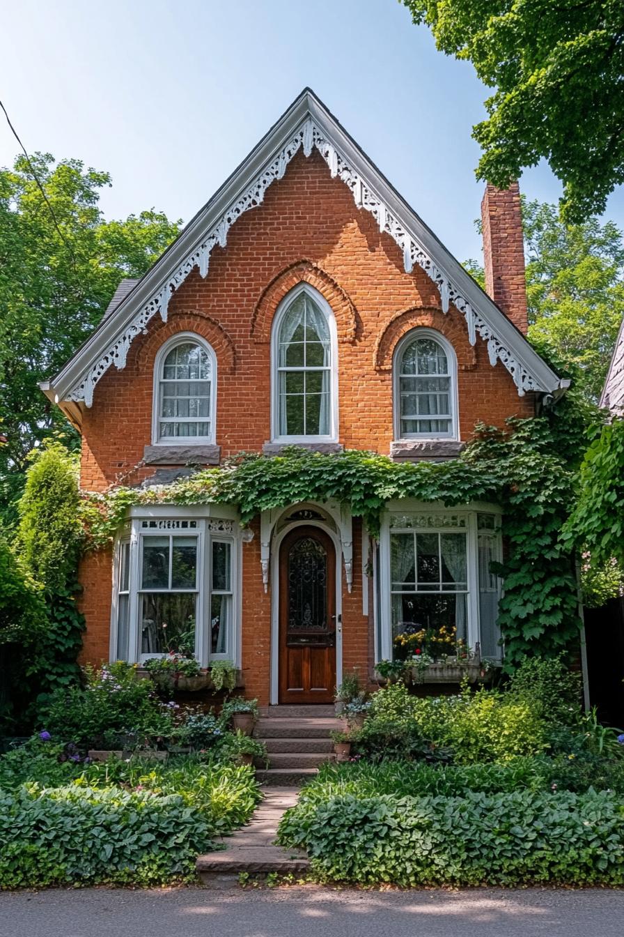 Charming brick house with lush greenery and gothic windows