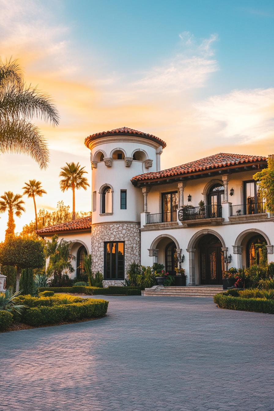 Luxurious villa with a central tower and arched windows