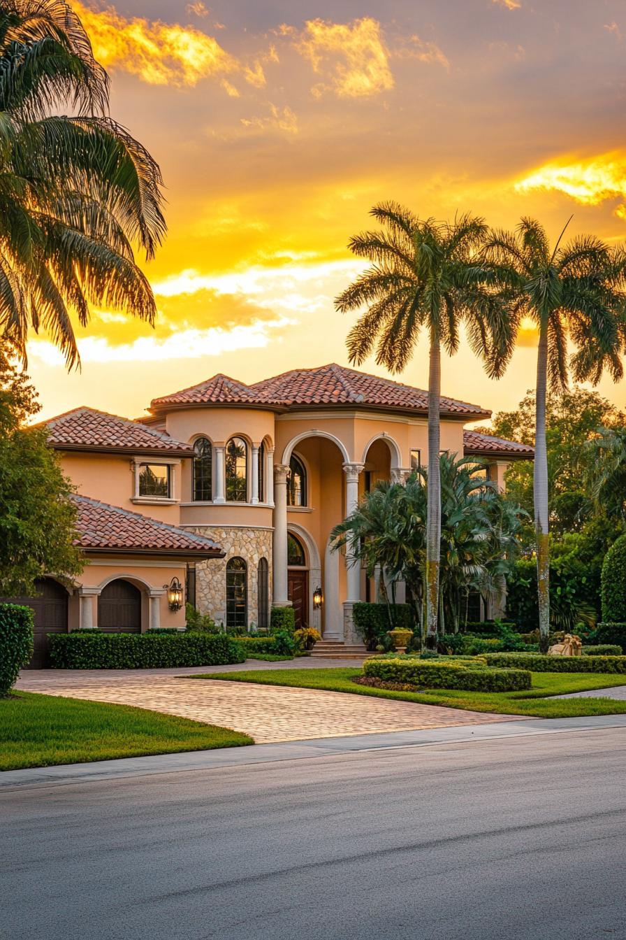 Elegant Mediterranean-style house with palm trees at sunset