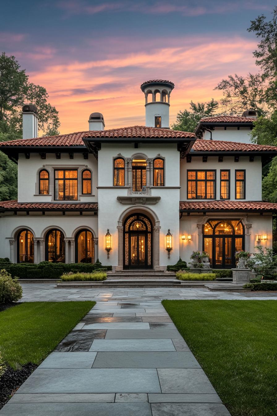 Tuscan-style villa with glowing windows and a sunset backdrop