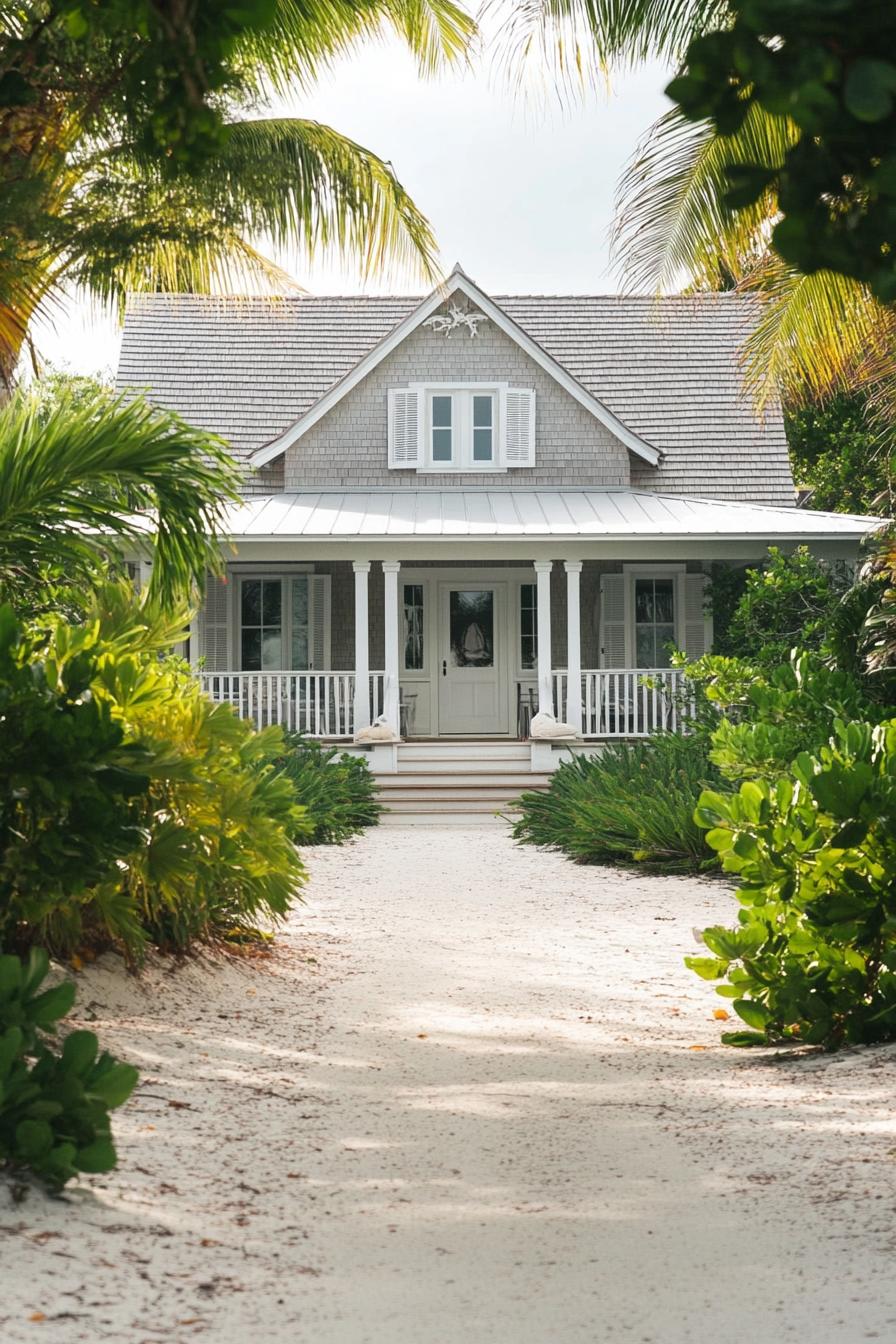 Cozy cottage surrounded by lush greenery and palm trees