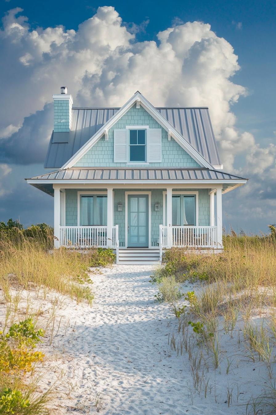 Charming coastal cottage with blue siding and white trim