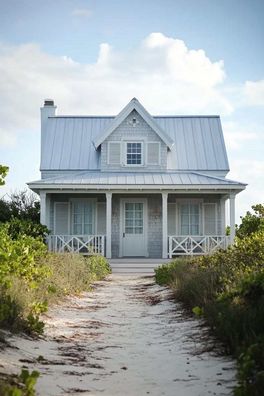 Charming coastal house with a metal roof and inviting porch