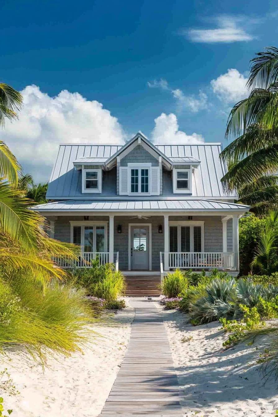 Cozy beach cottage framed by palm trees and lush greenery