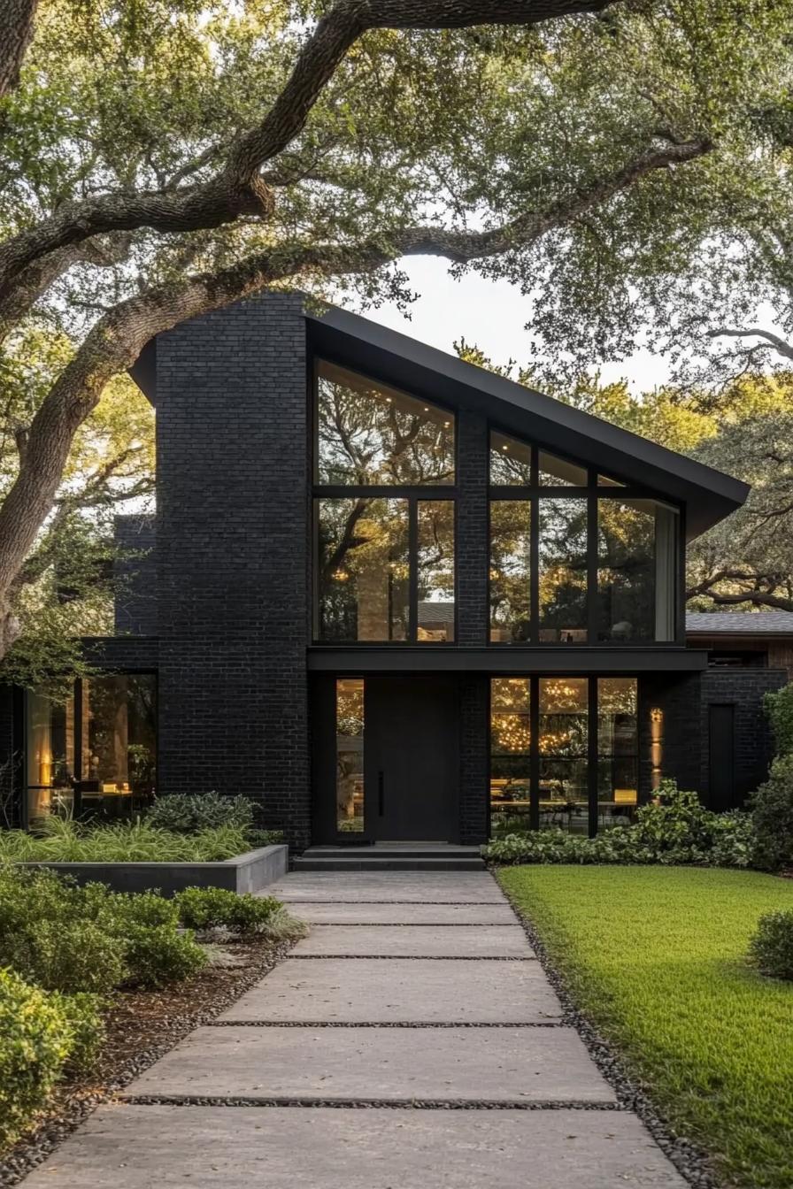 Sleek black house with large windows surrounded by trees