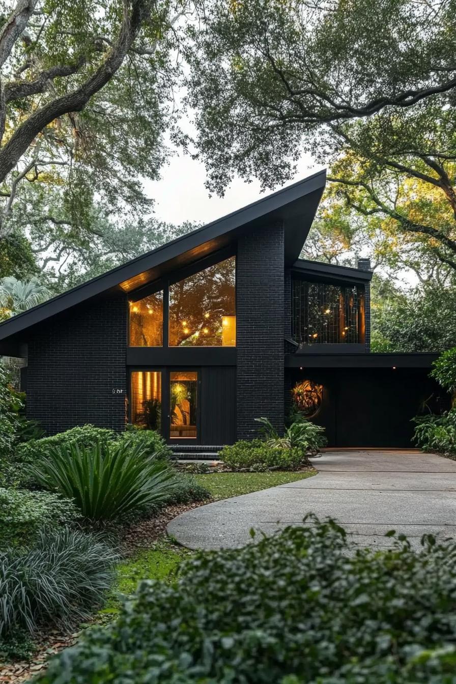 Modern black house surrounded by lush greenery